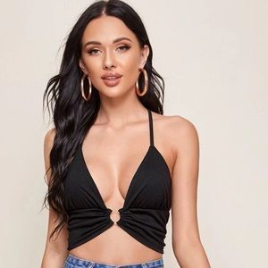Shein plunging o-ring cropped halter top